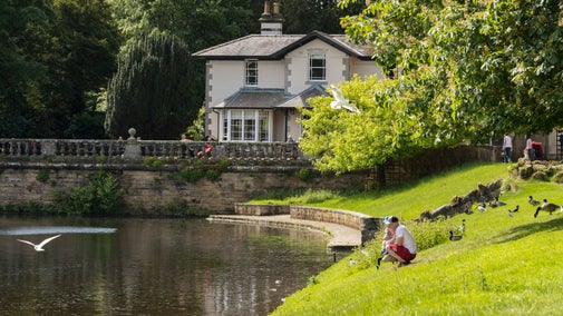 Visitors relaxing on the shore of Studley Lake while birds fly overhead at Fountains Abbey and Studley Royal Water Garden, Yorkshire.